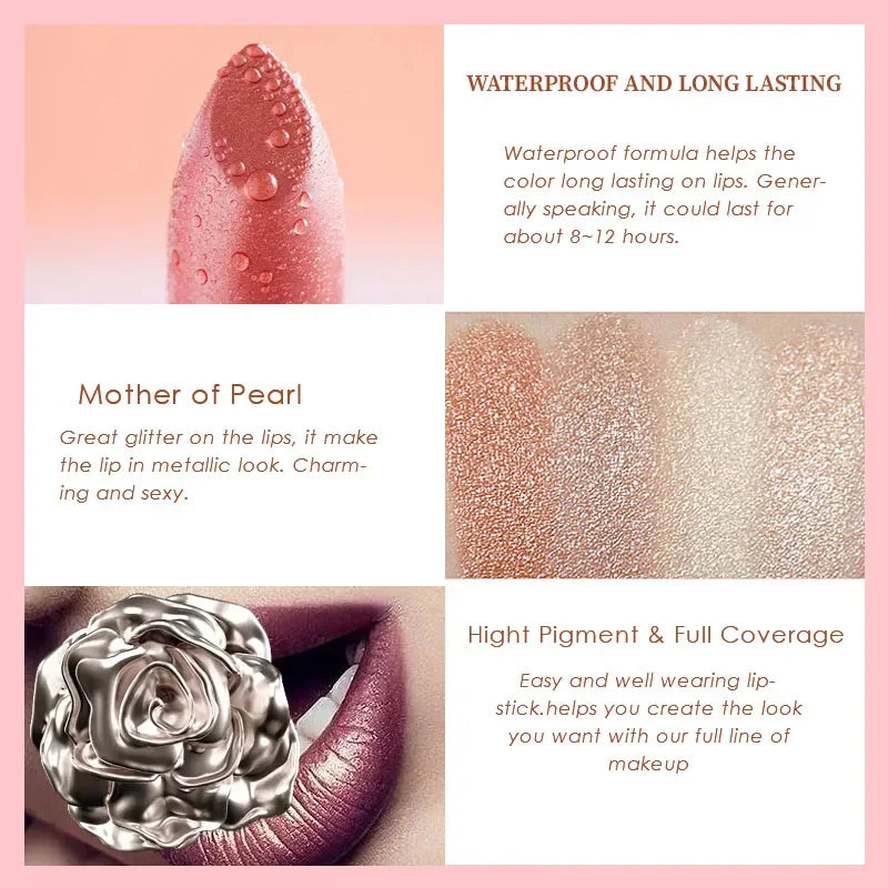 Korea Cosmetics Glitter Lipstick Coral Pink Lipstick Sparkling Metallic Glitter Long Lasting Smooth Shimmer Pearl for Women - Seprincess