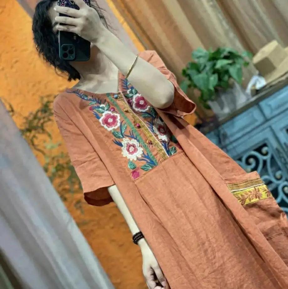 2023 Chinese national style linen embroidery v-neck button up skirt loose vintage dress women loose dress cheongsam dress pd