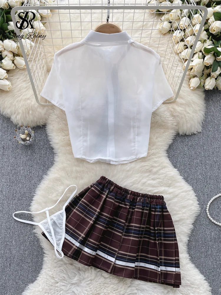 SINGREINY Plaid JK Uniform Erotic Suits Lingerie Female Short Sleeve Blouses+Pleated Skirts Suits Women Cosplay Sheer Sexy Sets - Seprincess