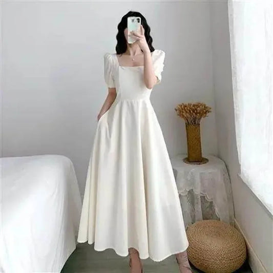 Slim Fit Women White Dress Bubble Sleeve Square Neck Light Wind Style Long Skirt Summer Casual Korean Style - Seprincess