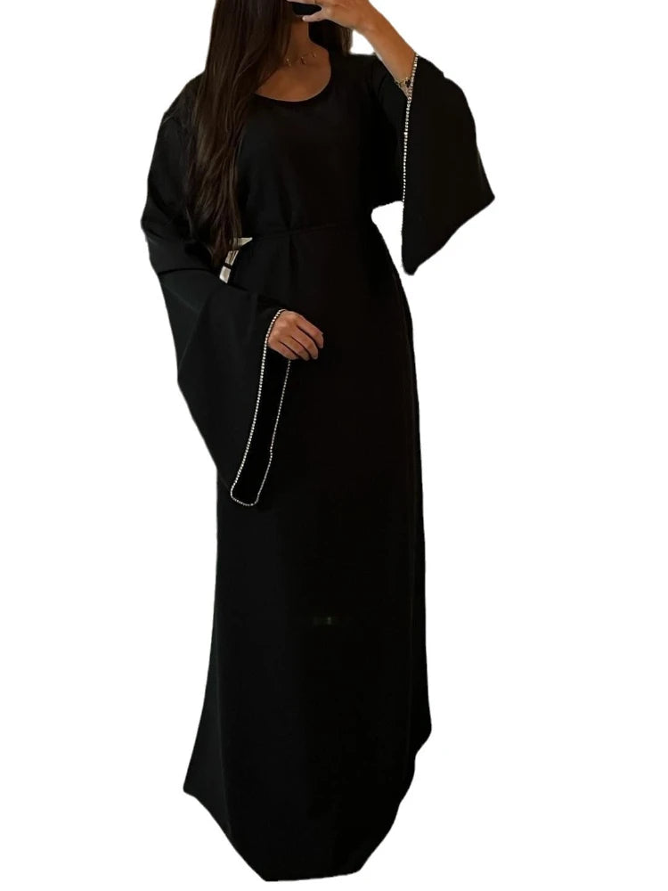 Eid Ramadan Party Dress for Women Muslim Abaya Diamond Flare Sleeve Long Dress Belt Morocco Kaftan Vestidos Dubai Robe Jalabiya - Seprincess