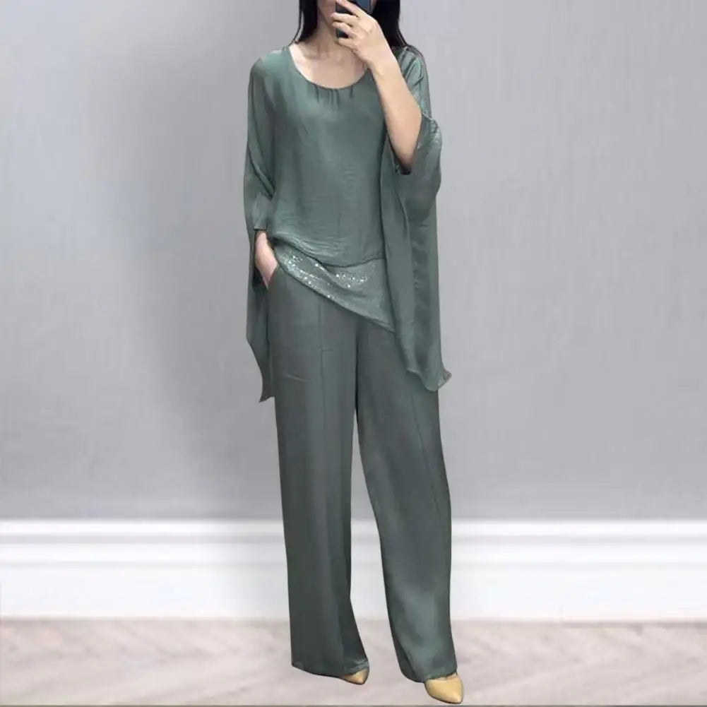 Double-layer Top Suit Stylish Women's Casual Suit with Wide Leg Pants Batwing Sleeve Top for Home Office Party Outfits Stylish - Seprincess