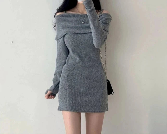 Off Shoulder Suspender Lapel Knit Dress Women Korean Sexy Slim Bottomed Mini Dresses Autumn Winter Solid Suspender Sweater Dress - Seprincess