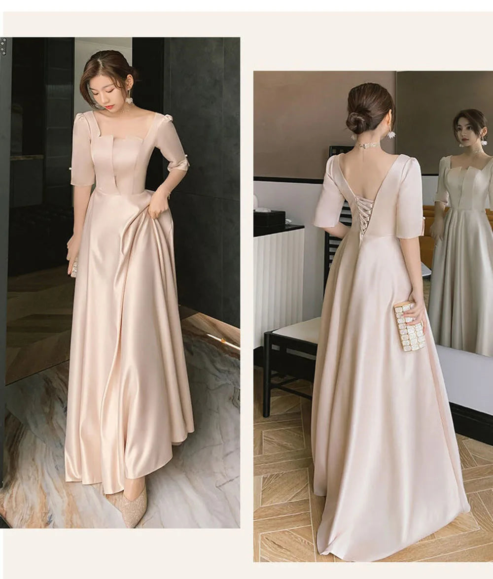 4 Styles Satin Solid Bridesmaid Dress Women Elegant Floor Length Slim Fit Spliced Tulle Puff Sleeve Wedding Party Guest Vestido - Seprincess