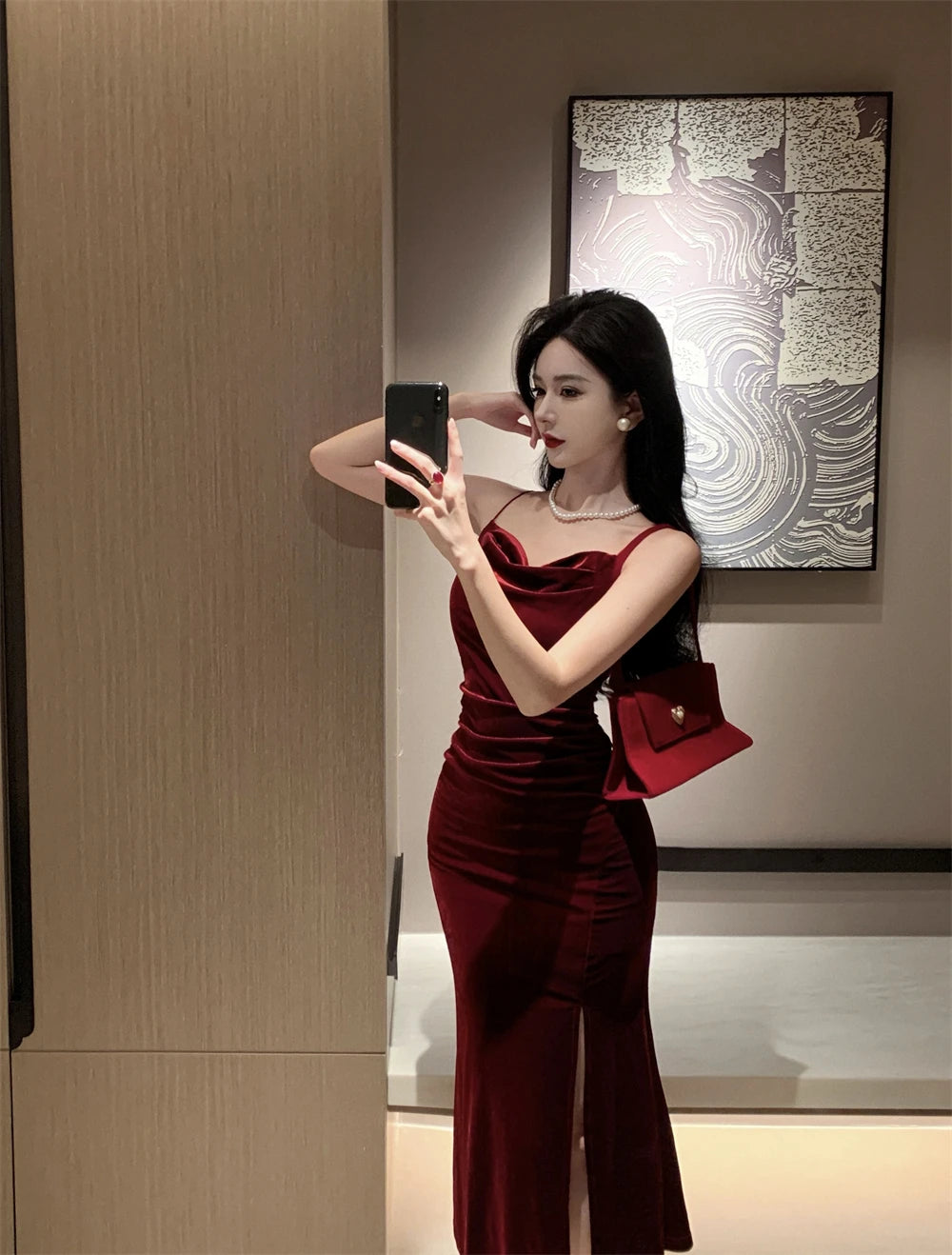 Vintage Sexy Club Prom Red Dresses for Women Spaghetti Strap Slit Velvet Dress Beach Bandage Bodycon Midi Dress Party Elegant - Seprincess