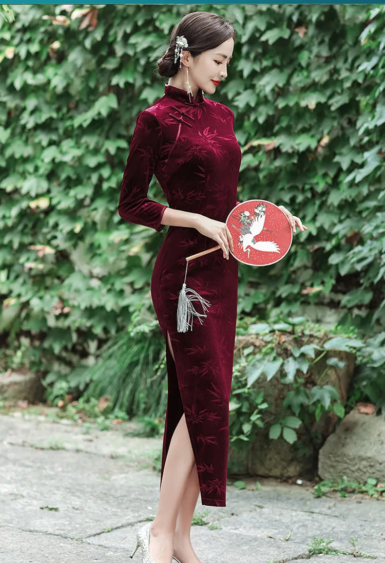 Plus Size Velvet Long Qipao Autumn Winter Female Chinese Dress Traditional Vintgae Mandarin Collar Cheongsam Sexy Slim Vestidos - Seprincess