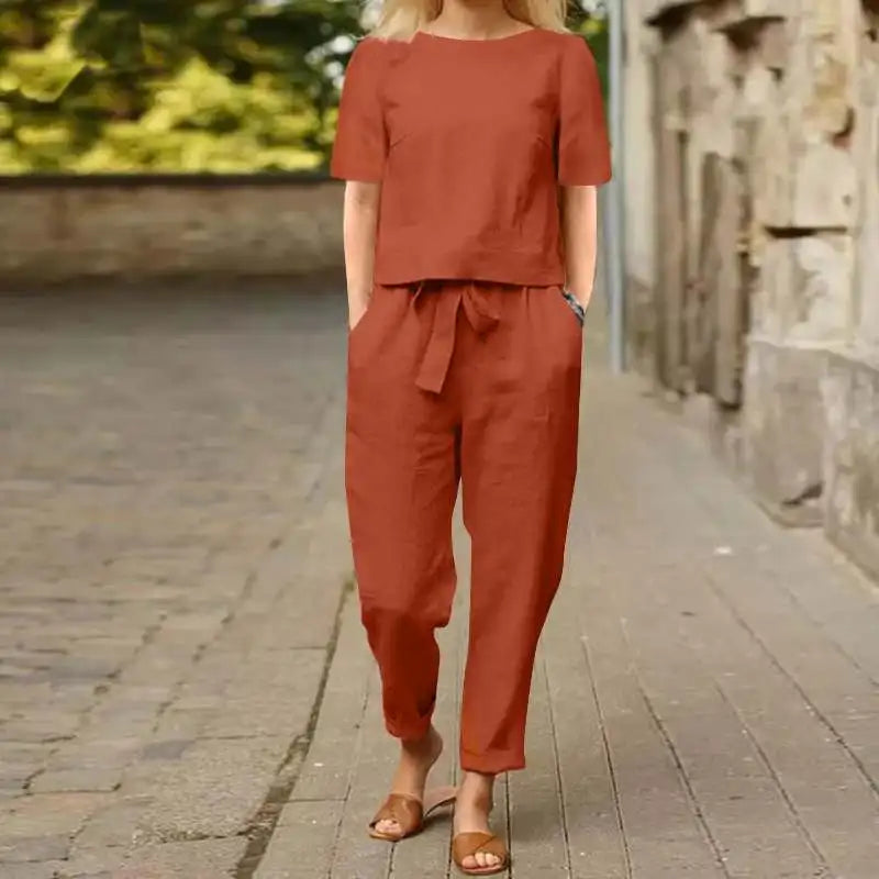 Women's Pullover Shirt And Pants Two-piece Set 2024 Women's Cotton And Linen Summer Suit Short Sleeved O-neck Outfit Pants - Seprincess