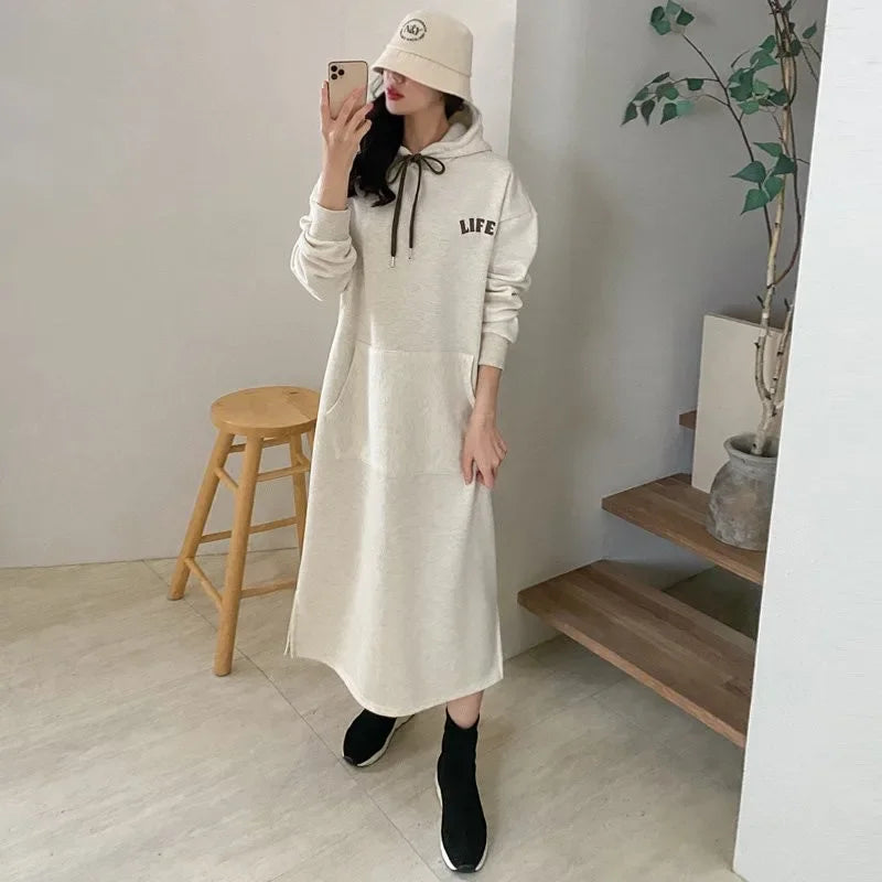 2023 Autumn/winter New Women's Fleece-lined Thickened Sweatshirt Hooded Dress Loose-fit Long Over-knee Korean Style - Seprincess