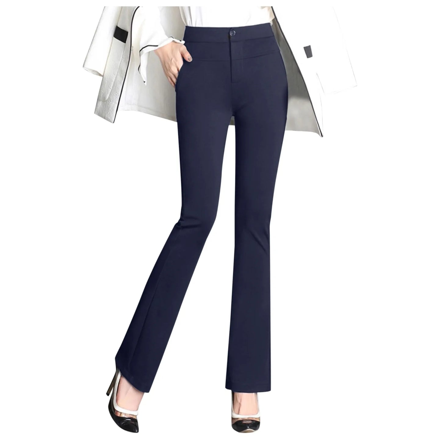 Spring Autumn Casual Button Elastic Mid Waist Black&Navy Blue Straight Trousers Office Lady Quick Drying Suit Pants Female Wear