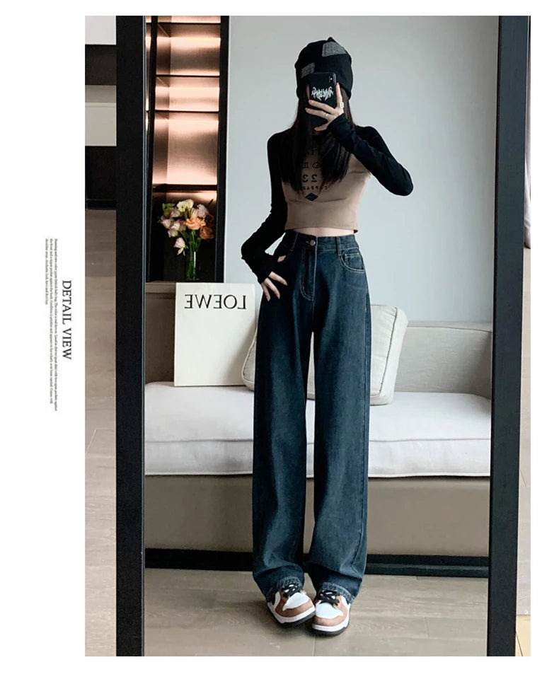 Jielur Dark Blue Straight Basic Female Jeans High Waist Slim Loose Solid Color Simple Women's Wide Leg Pants Chic Office Ladies