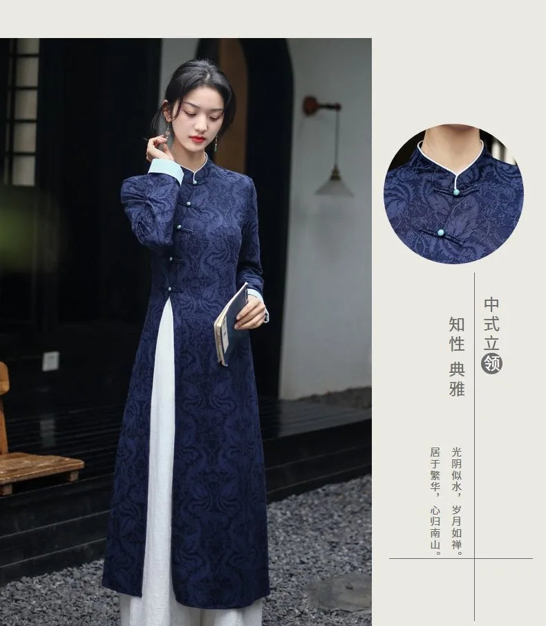 2024 Autumn New Vietnam Aodai Chinese Styles Women Floral Printing Vintage Long Dress Qipao Chinese Elegant Cheongsam Dress - Seprincess