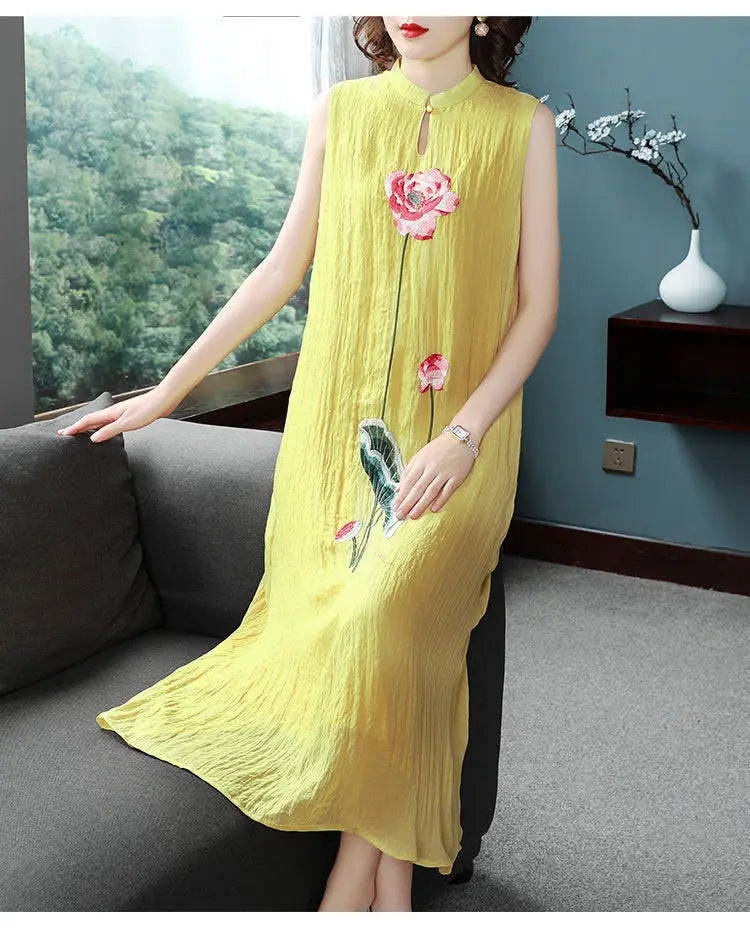 1pcs/lot chinese style woman Embroidered Cheongsam Sleeveless Vest Chiffon Dress Woman Dress print dress - Seprincess