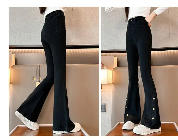 Fashion Jeans for Girls New Arrvial Kids Black Vintage Tight Denim Flare Pants Spring Autumn Teenage Children's Slim Trousers