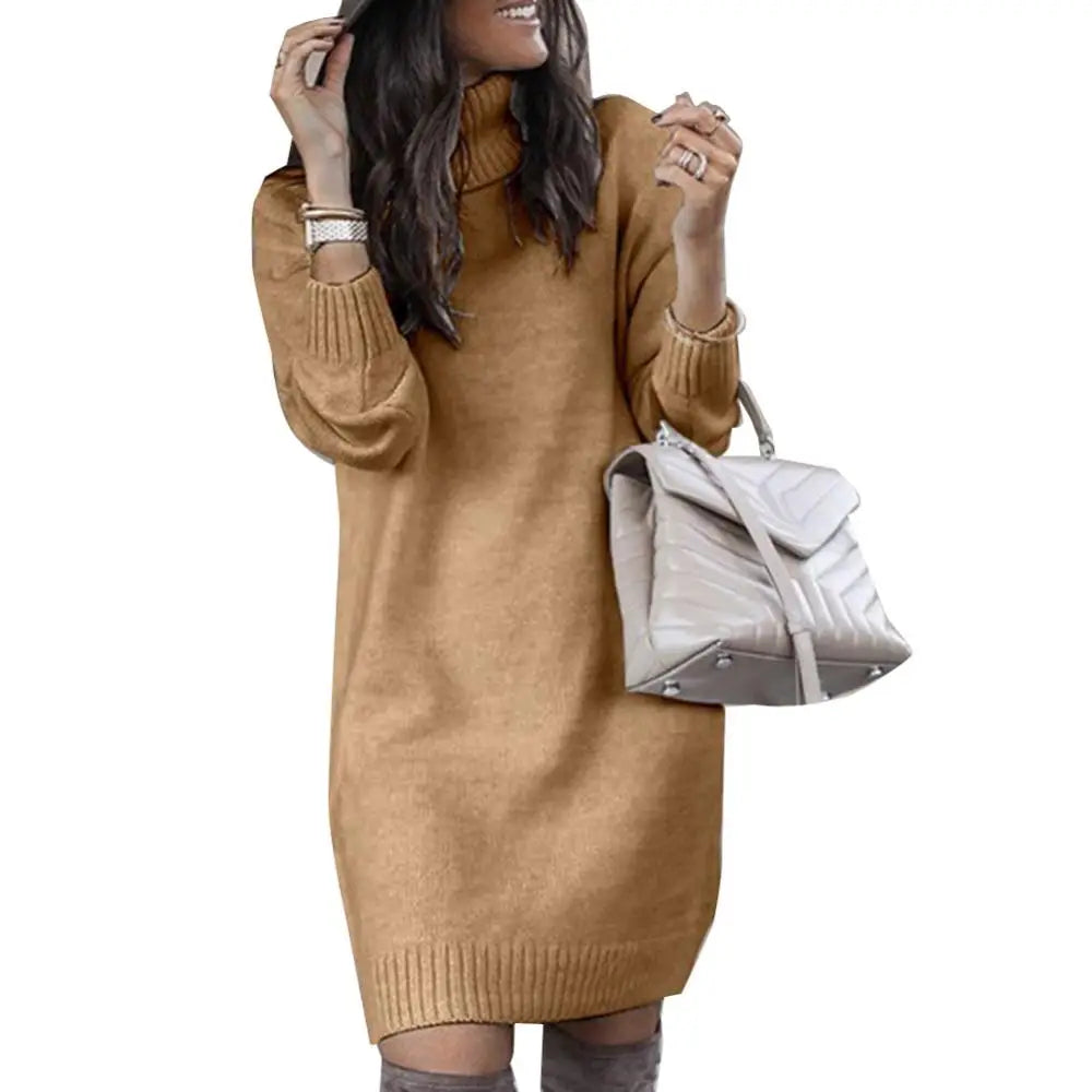 Women Winter Loose Dress Knee-length Dress Women Long Sleeve Autumn Turtleneck Warm Knitted Sweater Knee-length Dress - Seprincess