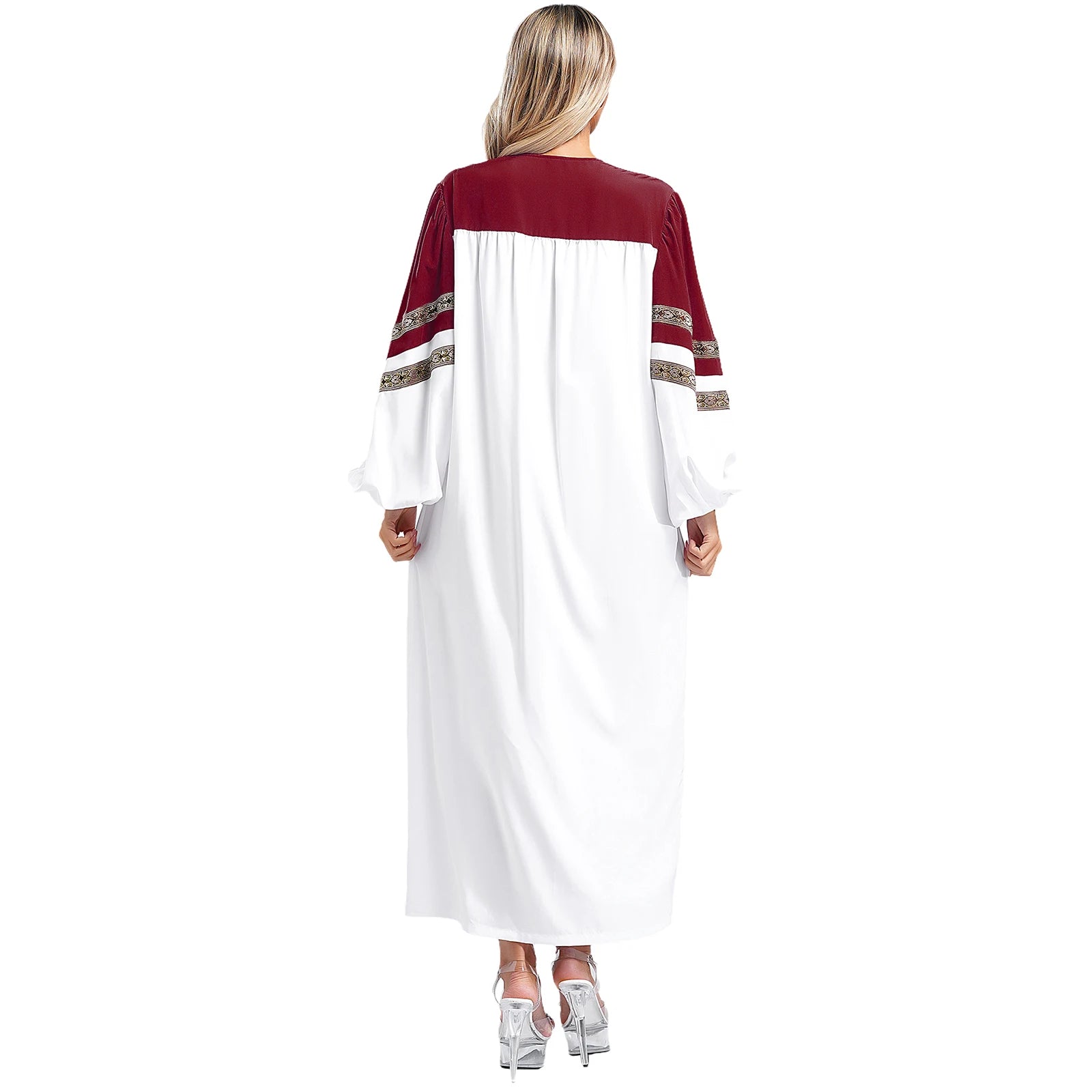 Womens Mens Church Choir Robe Halloween Cosplay Theme Party Costume V-Neck Embroidered Stripes Long Sleeve Zipper Clergy Gown - Seprincess