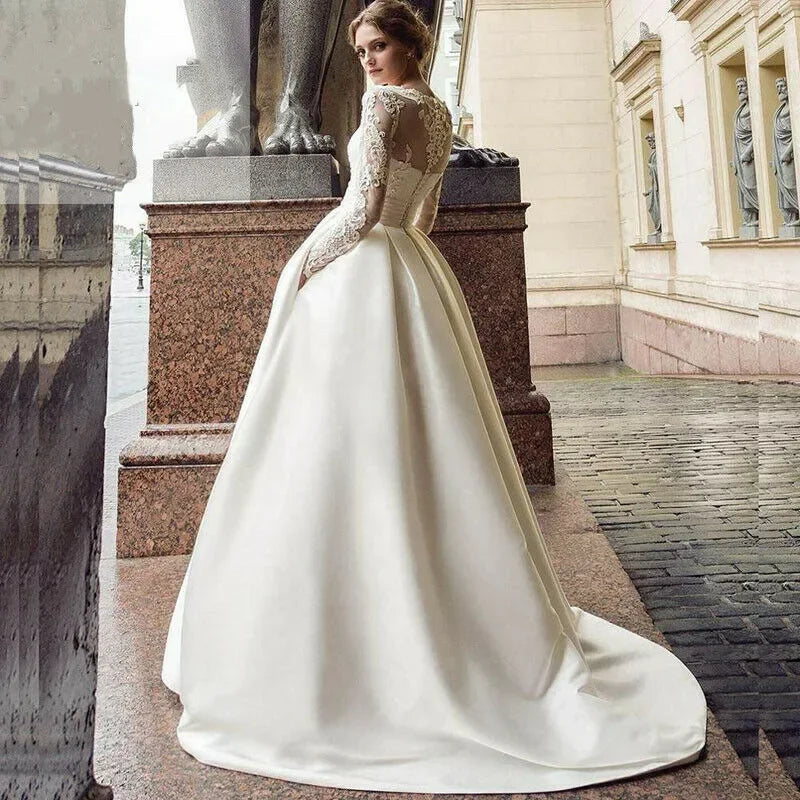 Elegant O-Neck Lace Wedding Dresses Chic Long Sleeves Appliques White Satin A-Line Gowns Fashion Draped Pleat Bridal Dresses - Seprincess