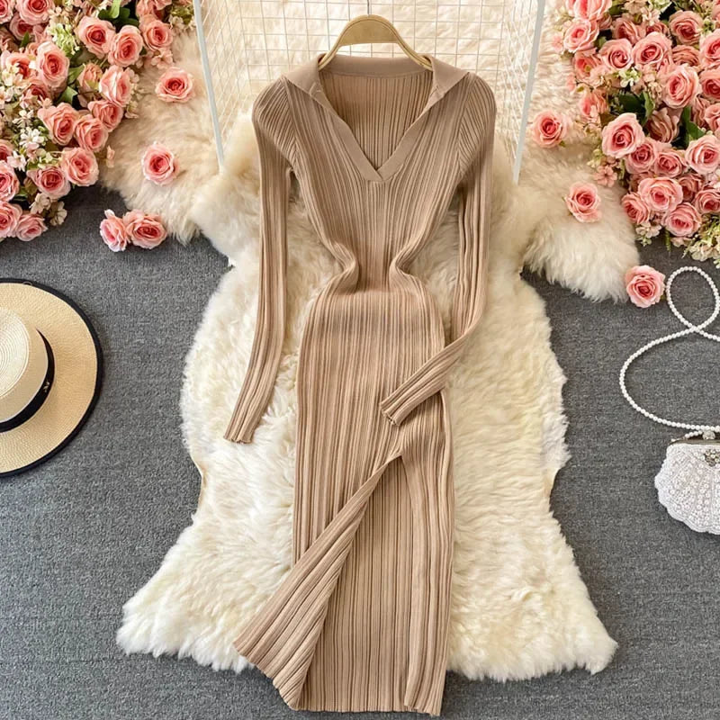 YuooMuoo Chic Fashion Sexy Wrap Hips Split Knitted Autumn Dress Women V-neck Slim Elastic Bodycon Long Dress Streetwear Outfits - Seprincess