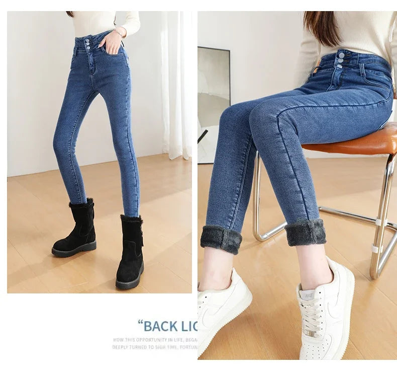 Black Fleece Warm Women Winter Jeans Thickened High Waist Multi-button Skinny Stretch Denim Pants Fashion Korean Female Trousers