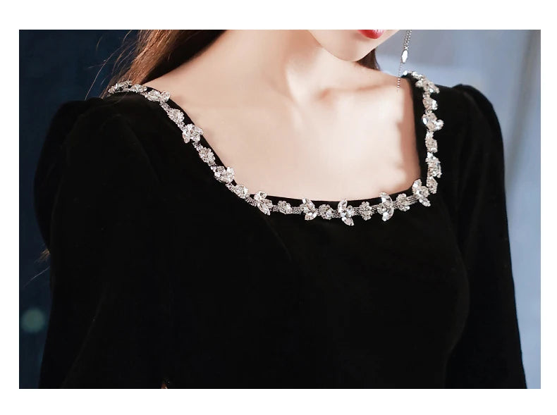 Black Evening Dresses Long Sleeve Square Collar Elegant Velvet Dress Beading Crystal Formal Gowns 2023 New Vestido - Seprincess