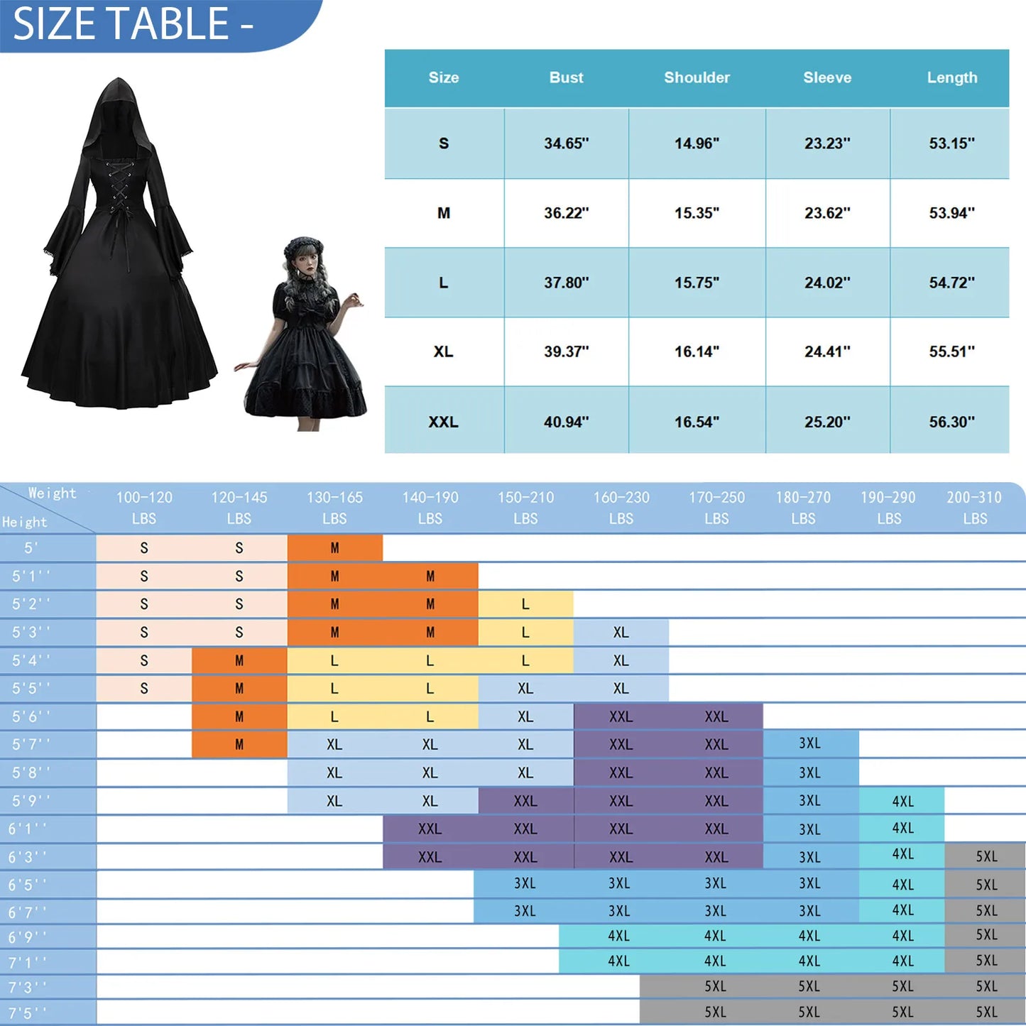 Gothic Medieval Dresses Retro Fashion Big Swing Long Sleeve Lace Up Hooded Dress Lace Flare Sleeve Dress Halloween Costumes - Seprincess