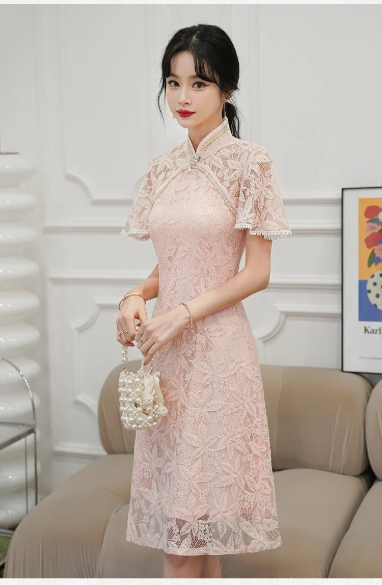 Chinese Traditiona Vintage Lace Improved Cheongsam Summer Short Sleeve Qipao Dress Modern Women Clothes - Seprincess