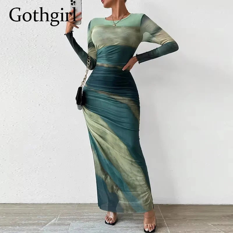 Gothgirl Sexy Tie Dye Mesh See Through Folds Dress Women O Neck Long Sleeve Folds Midi Dresses Slim Bodycon Office Lady Clothing - Seprincess