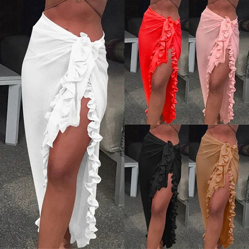 Women Chiffon See-Through Beach Bikini Cover Up Wrap Scarf Swimwear Pareo Sarong Dress Solid Ruffle Casual Beach Dress - Seprincess