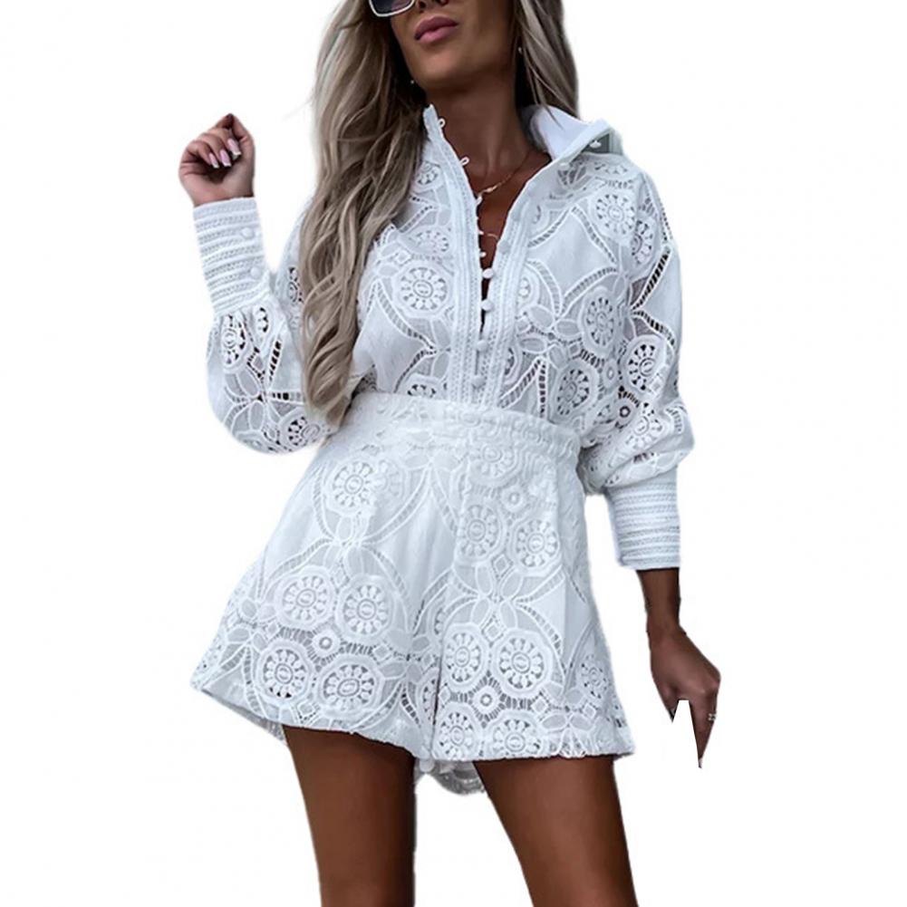 2Pcs/Set Women Outfit Blouse Long Sleeve Single Breasted High Waist Embroidery Hollow Lace Shirt Wide Leg Women Shorts Set