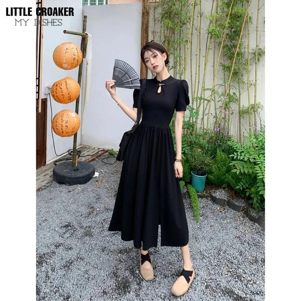 New Chinese Style Improved Cheongsam Dress New Summer Qipao Temperament Black Large Swing Split Midi Qi Pao Dress Woman - Seprincess