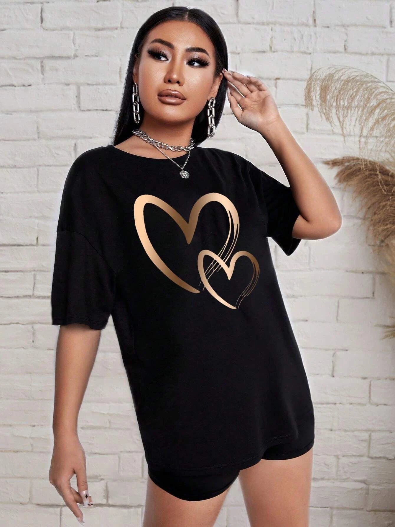 Love Pattern Print Women Cotton T Shirts Two Piece Set Fashion Hip Hop Short Sets Breathable Soft Summer New Shirt Shorts Female - Seprincess