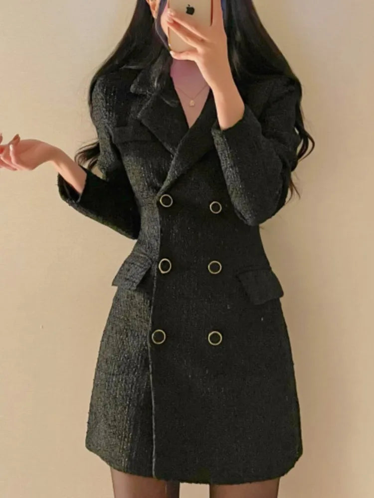 Elegant Tweed Blazer Dress Double Breasted Slim Short Dresses for Women Korean Fashion Office Lady Coat Dress Autumn Winter New - Seprincess