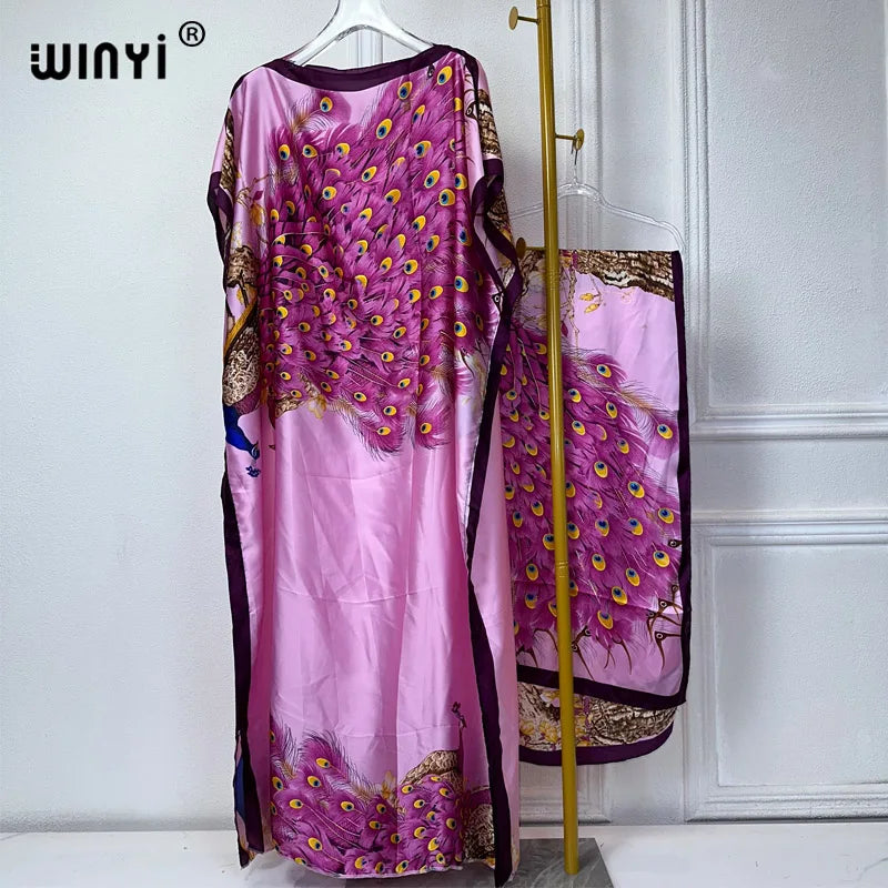 WINYI Africa summer kaftan with belt Women Classic peacock print Caftan Elegant Holiday summer Maxi silk Bohemian party dress - Seprincess