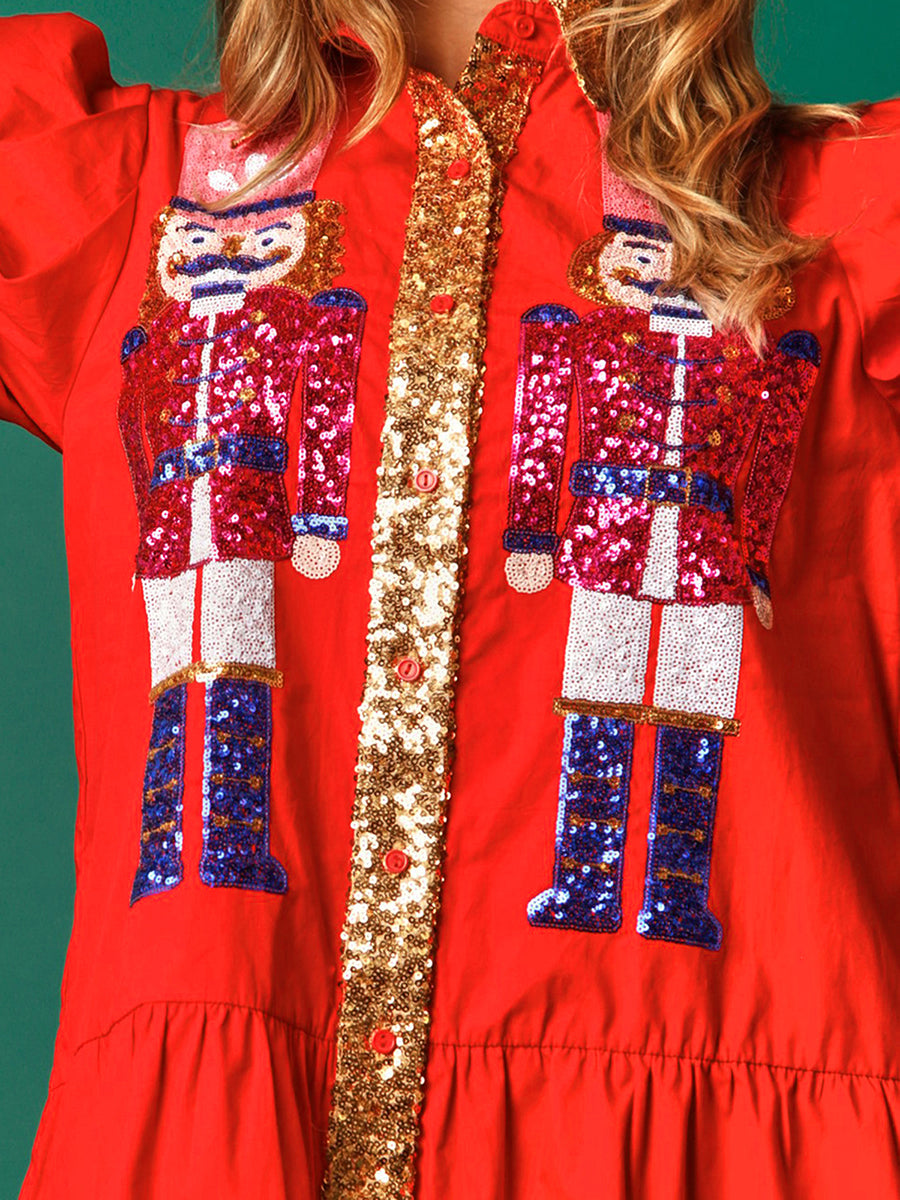 Women’s Sequin Christmas Outfit Holiday Nutcracker Sequin Tiered Dress Sweatshirt Merry Christmas Mini Shirt Dress - Seprincess