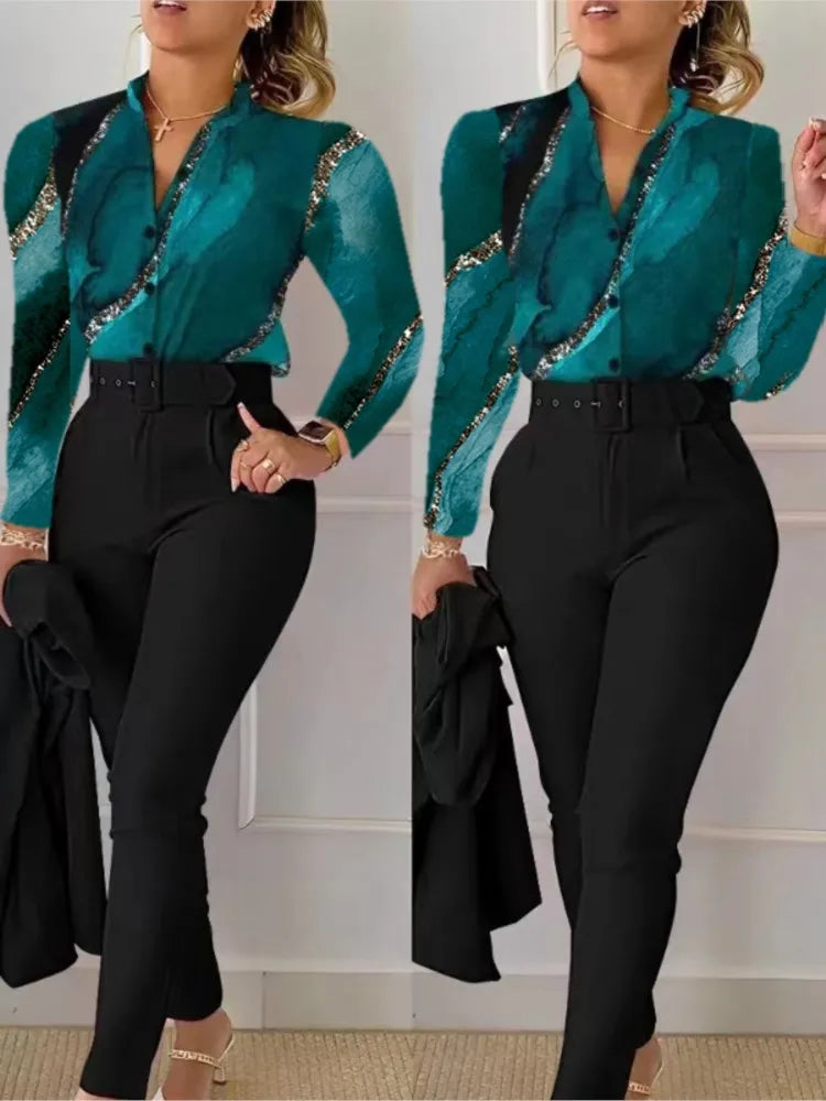 Elegant Women Printed Two Piece Suit Sets Spring Autumn V Neck Long Sleeve Shirt Top & Long Pants Set With Belt Workwear Outfits