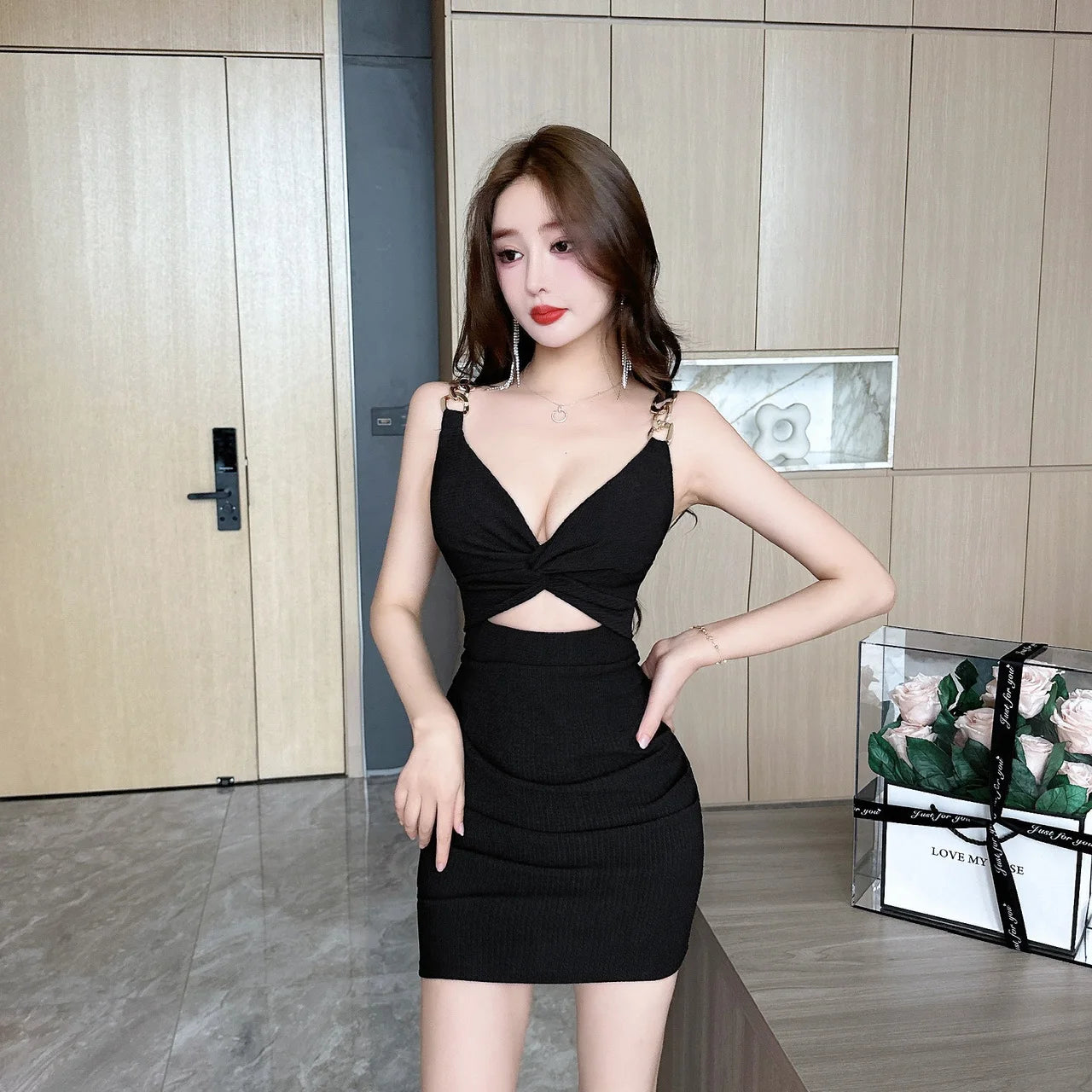 Kimotimo Women Sexy V Neck Hollow High Waist Clubbing Dress Temperament Sleeveless Backless Slim Fit Party Mini Dresses Summer