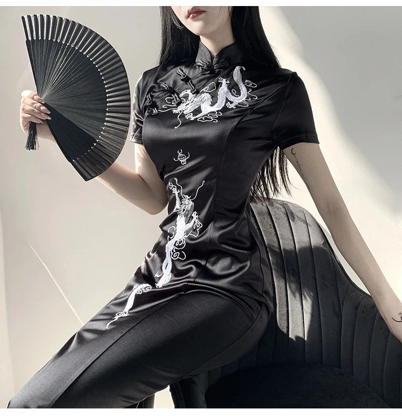 Women Japanese Style Cheongsam Retro Chinese Traditional Dragon Embroidery Long Qipao Split Dress Elegant Ladies Party Clothing - Seprincess