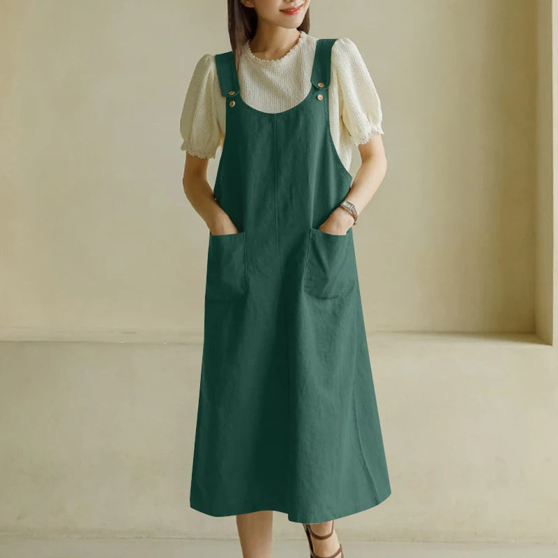 ZANZEA Women Tank Long Dress 2024 Summer Sleeveless Pockets Robe Casual Loose Adjust Suspender Sundress Fashion Solid Midi Dress - Seprincess