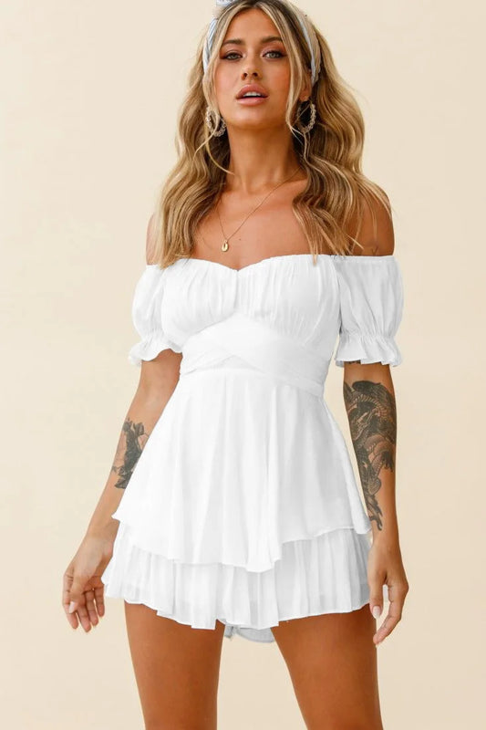 2024 Short Sleeve White Dress Women‘s Summer Dress Fashion Ruffle Mini Dress Sexy Strapless Dress - Seprincess