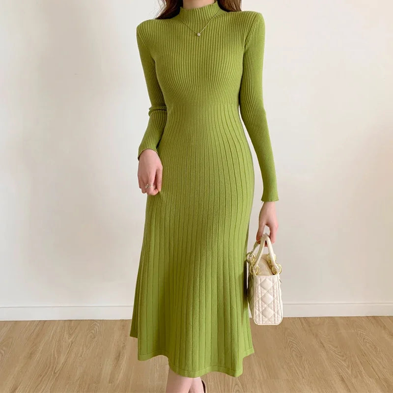 Autumn Winter 2024 Slim Long Sleeve Party Midi Dress for Women Knitted Half High Collar Elegant Knitted Sweater Dresses Ladies - Seprincess