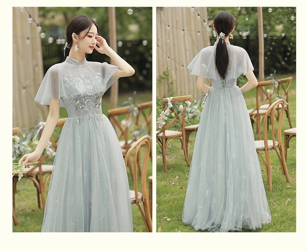 4 Styles Grey Bridesmaid Dress Women's Elegant V-neck Sequins Shawl Collar Slim A-line Gown Light Luxury Wedding Party Vestido