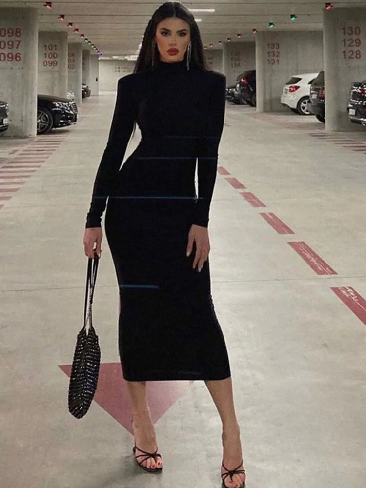 Women 2024 Spring Autumn Fashion Long Sleeve Streetwear Bodycon Black Midi Dress Wholesale Items For Business - Seprincess