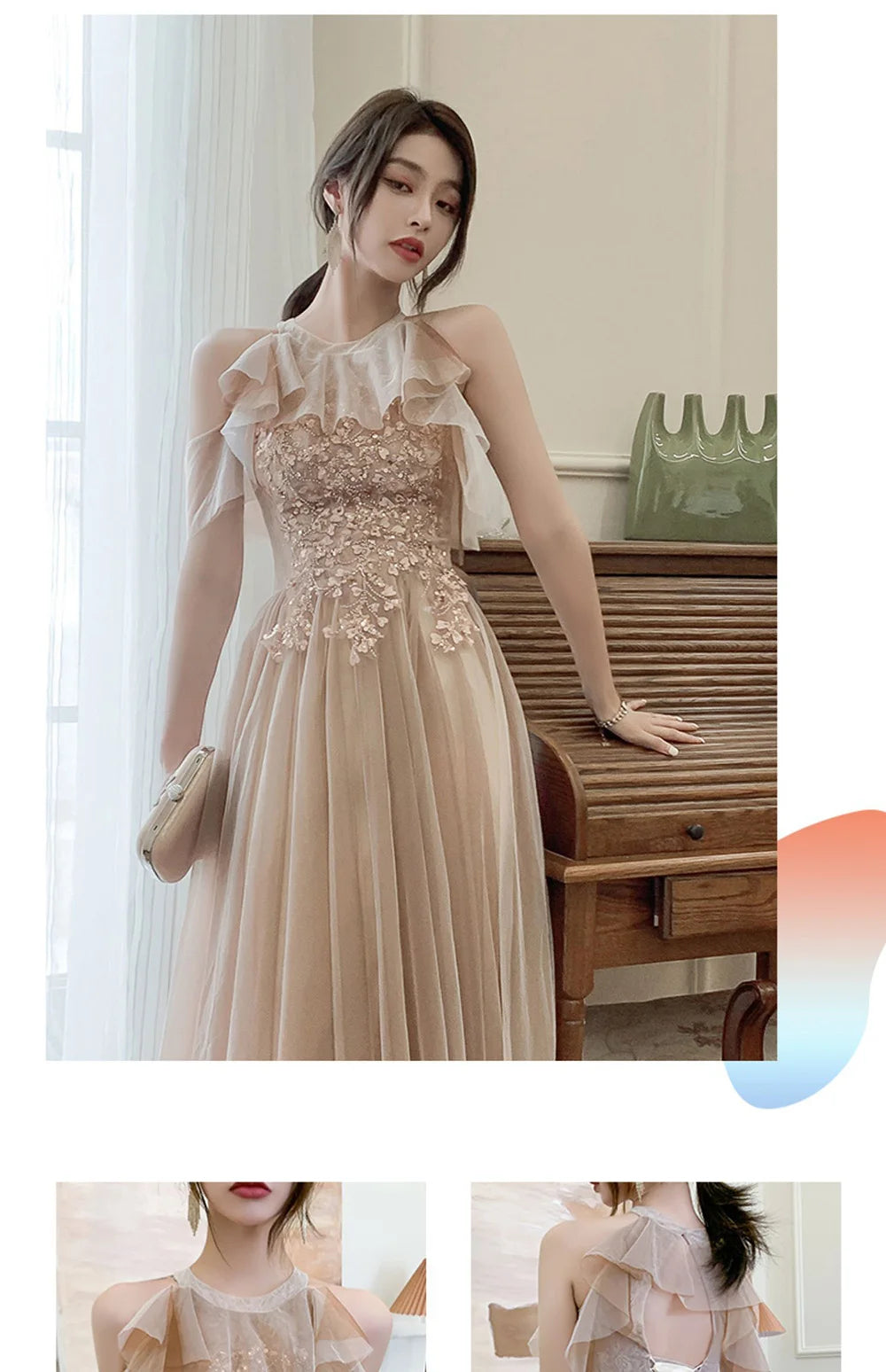 4 styles Champagne Pink Bridesmaid Dress Women's Elegant Off Shoulder Ruffles Sleeves Gown Sequins Flower Applique Vestido