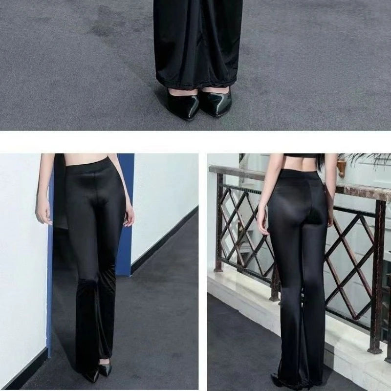 Glossy Satin Flare Pants Women High Waist Smooth Sexy Black Trousers Female Slim Fit Casual Streetwear Long Pants Woman Clothing