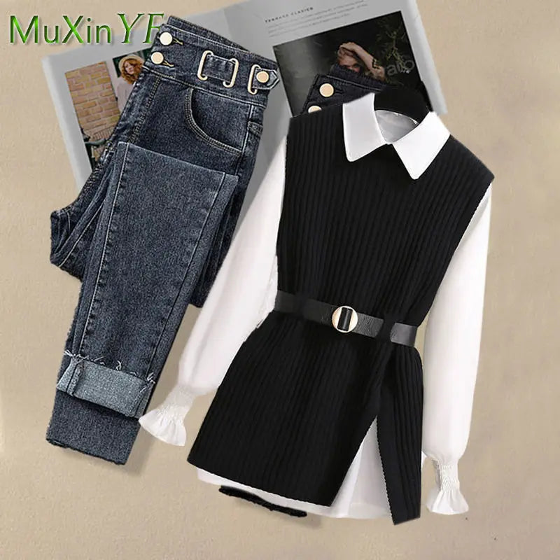 2024 Spring New Korean Elegant in Matching Set Women's Fashion Knitted Vest+Shirt+Jeans Three Piece Female Chic Denim Pants Suit - Seprincess