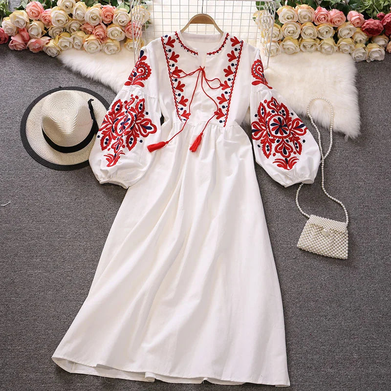 EWQ Sweet Style Y2K Women Nice Foreve Dress Embroidery O-neck Bandage Long-sleeve White Dresses Womens Spring Summer 2023 New - Seprincess