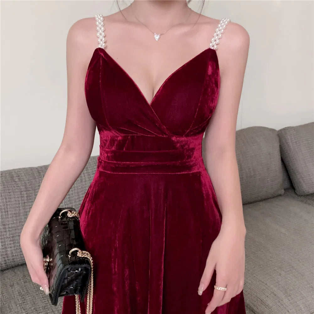 Women's Mini Party Dress French Retro Black Red Sling Velvet Dress New Waist Female Sexy Short Dresses HH193 - Seprincess