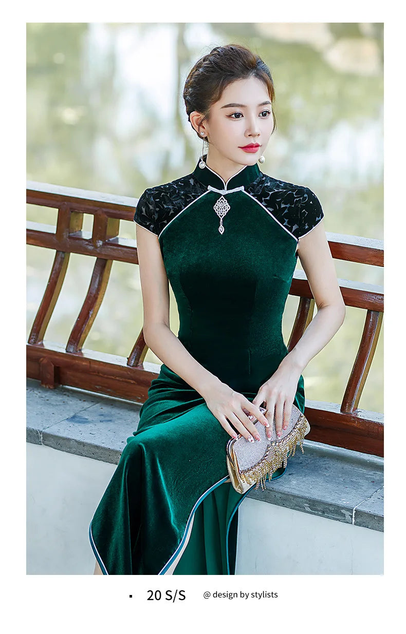 Elegant Lady Evening Party Dress Prom Gown Sexy Female Velour Cheongsams Chinese Mandarin Collar Qipao Side Split Oversized 5XL - Seprincess