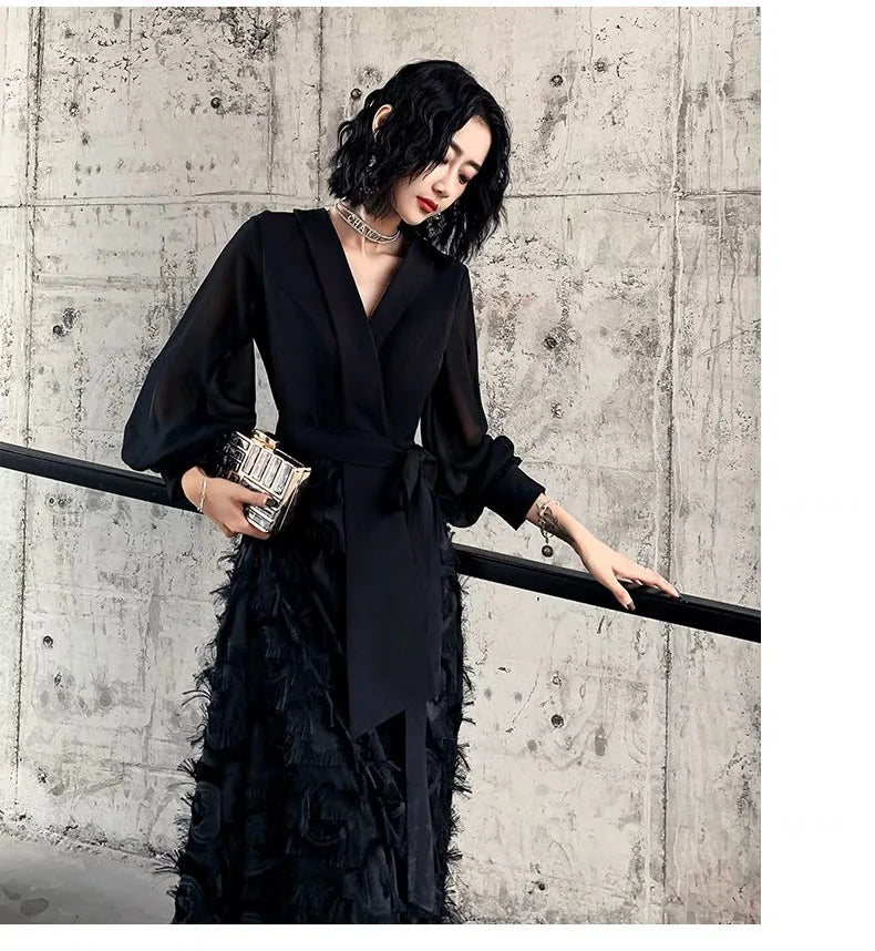 Y2K clothes designer autumn spring black maxi dresses for women traf bow V-neck tassels elegant party evening long dress vestido - Seprincess