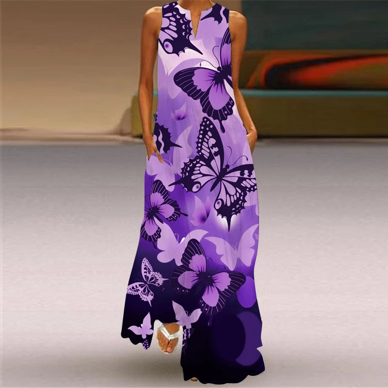 2024 New European and American Cross border Summer Long Dress Women's Sleeveless V-neck Printed Sexy - Seprincess