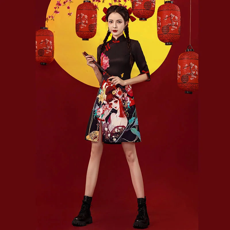 Chinese Style Cheongsam Dress Women Fashion Black Modern Modified Qipao National Traditional Robe Orientale Girl Vestido Chino - Seprincess